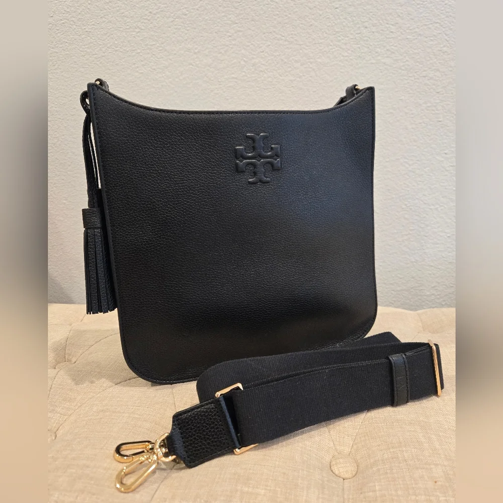 Tory Burch Black Leather Crossbody with Gold-Tone Hardware and Tassel